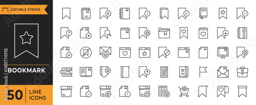 Bookmark line icon set. Containing Book, Library, Favorite, Document, File, Flag, Label, Tag, Note, Folder, Star, Paper, and more. editable stroke. vector illustration