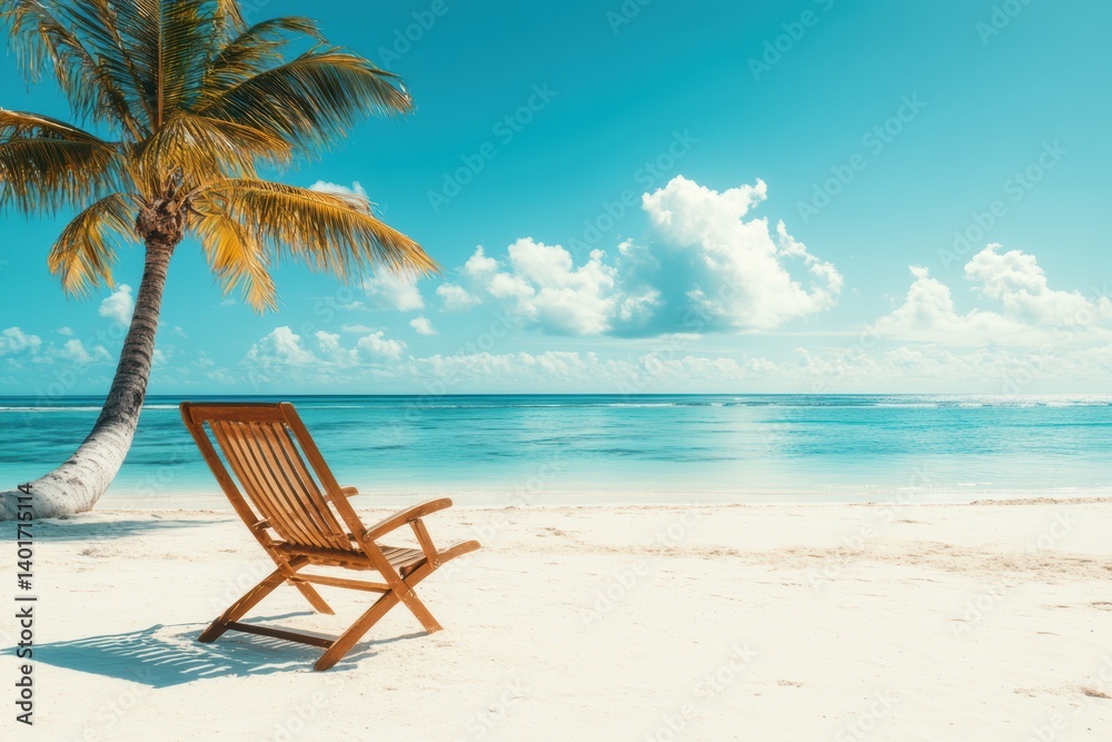 A chair sits on the beach with a palm tree providing shade in the background. A chair sits on the beach with a palm tree providing shade in the background.