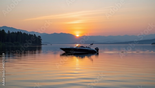 Sunset boat ride on tranquil lake peaceful nature scene serene environment scenic viewpoint