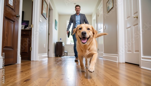 Happy dog running towards owner in bright hallway home photography indoor eye-level joyful moments