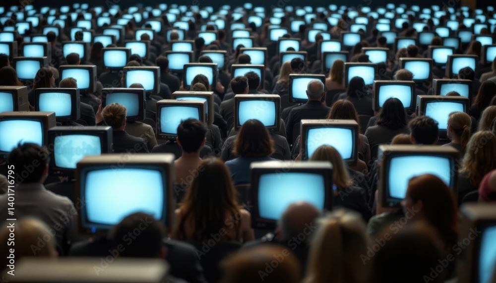 Obraz premium Digital overload people engaged with retro monitors in a darkened auditorium technology social reflection evening audience perspective