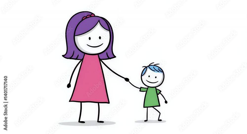 Colourful Stick Figure Mom and Child Walking to Yoga Class Colourful Stick Figure Mom and Child Walking to Yoga Class