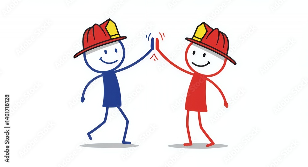 Fototapeta premium Colourful Stick Figures High Five Firefighter Helmets White Background