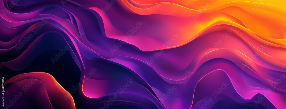 Obraz premium Wallpaper, abstract and neon of gradient, curve and art of illustration, future and graphic of background. Creative, digital and tech of wave, render and vibration of pattern and lines of flow