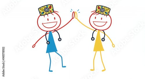 Colourful Stick Figures High Five Doctors Hats White Background