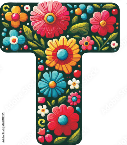 Doodle flower letter T. Floral element of colorful alphabet made from flowers	