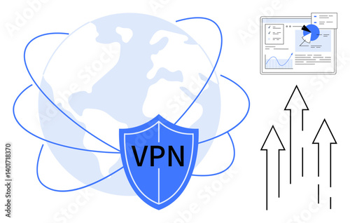 Blue VPN shield on globe representing secure online connectivity, data chart showing analytics, and upward arrows indicating growth. Ideal for cybersecurity, analytics, growth strategy, networking