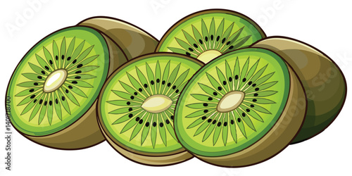  Kiwi Fruit Halves Vector Illustration, Sliced Tropical Food Graphic