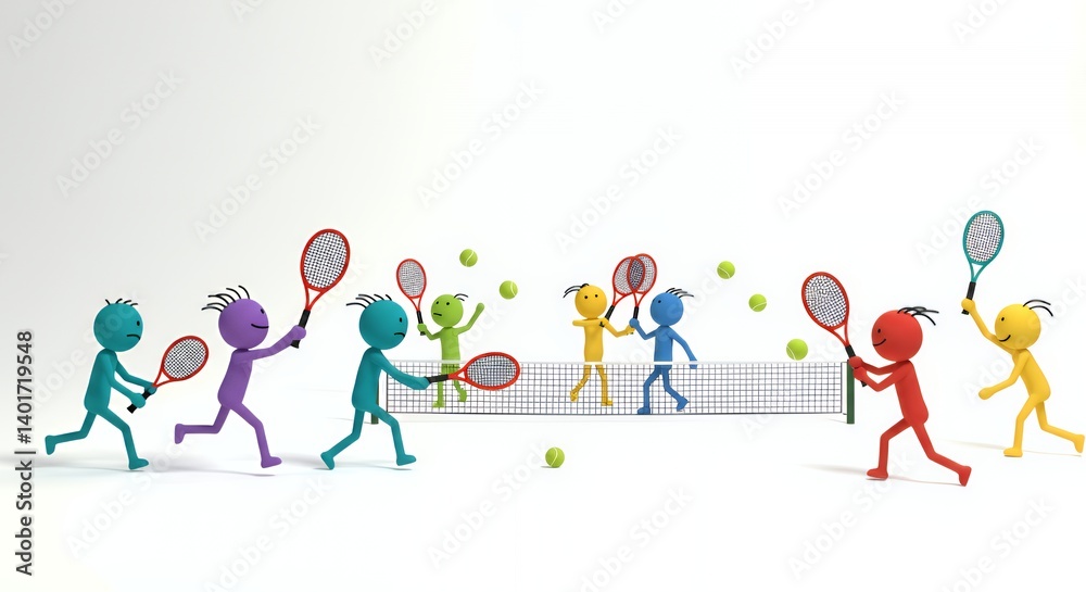 Colourful Stick Figures Playing Minitennis on White Background Colourful Stick Figures Playing Minitennis on White Background