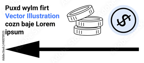 Black arrow pointing left, stacked coins, and dollar icon suggesting financial progress or economic direction. Ideal for finance, strategy, growth, economy, investment, business simple landing page
