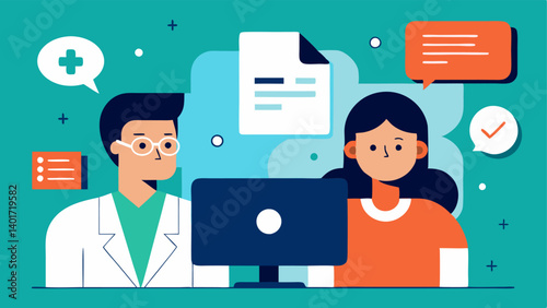 Telehealth Promotion An educational posterstyle illustration encouraging remote health consultations featuring a doctor patient and icons representing health benefits.
