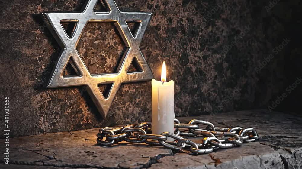 Silver Star of David against a Stone Wall with Chain and Candle Flame illuminating the ancient scene of spirituality