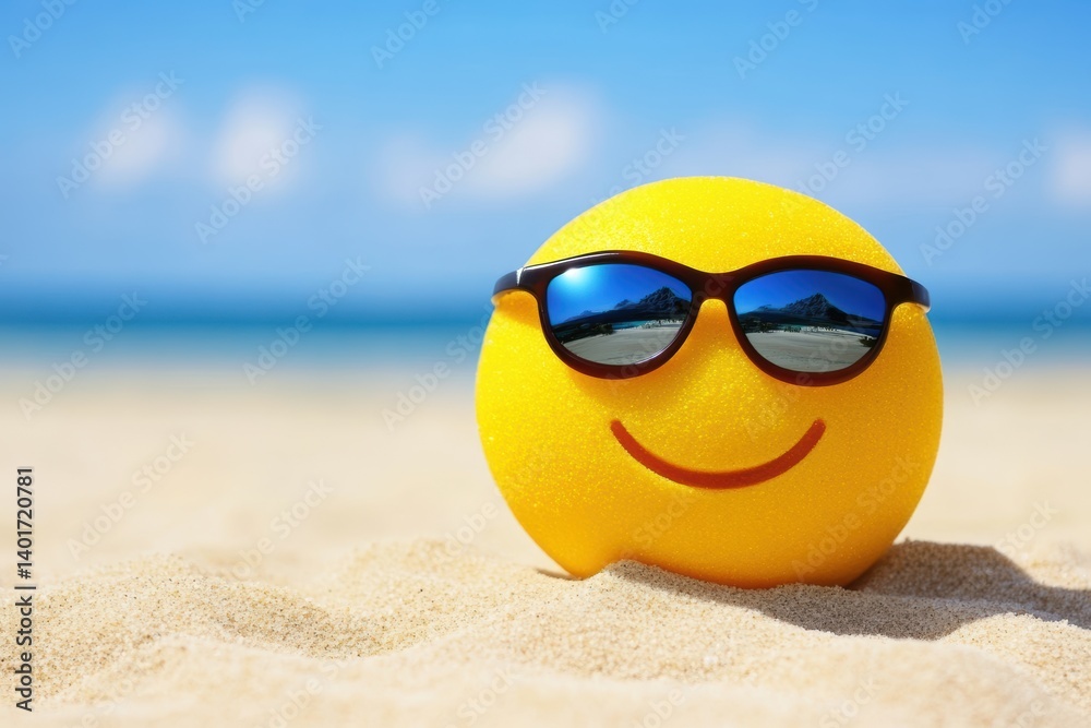 Naklejka premium Yellow smiley face wearing sunglasses on a sandy beach beside the ocean.