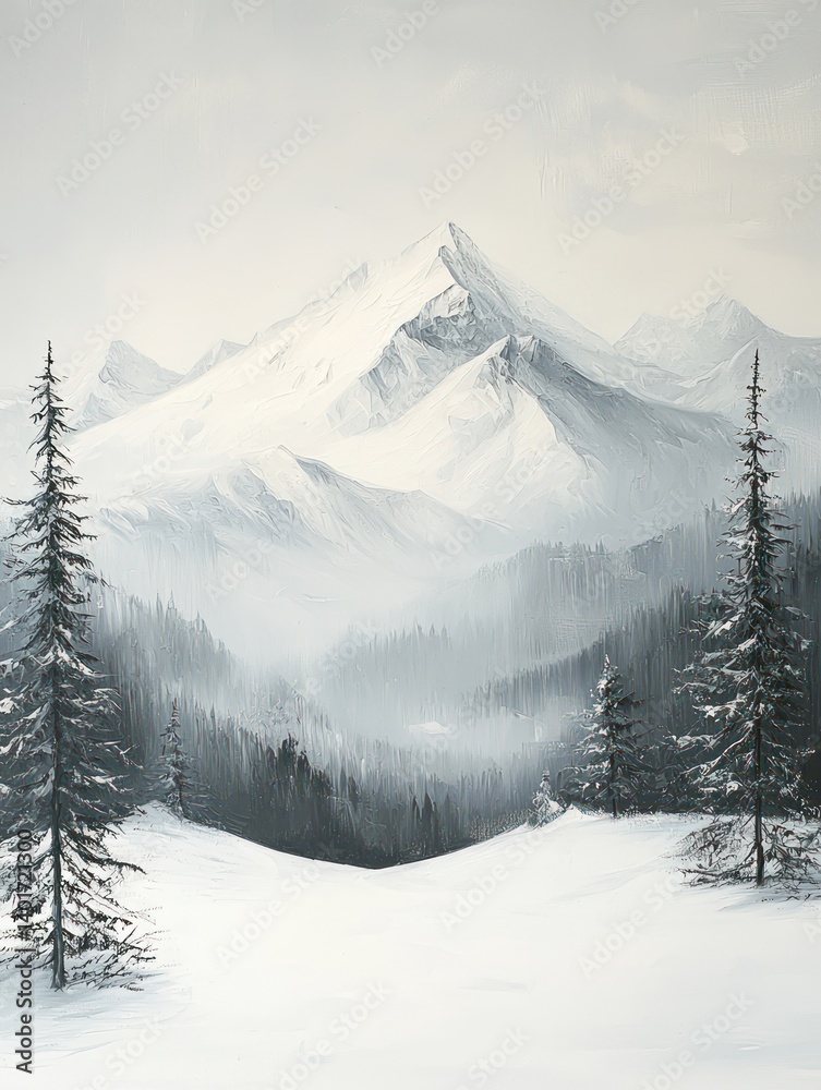 Obraz premium Snowy mountain peak, winter landscape, tranquil forest, serene scene, nature background