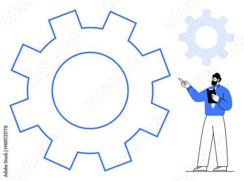 Large outlined gears symbolize operation, process, and collaboration while professional gestures with clipboard. Ideal for teamwork, innovation, problem-solving, strategy, planning, engineering