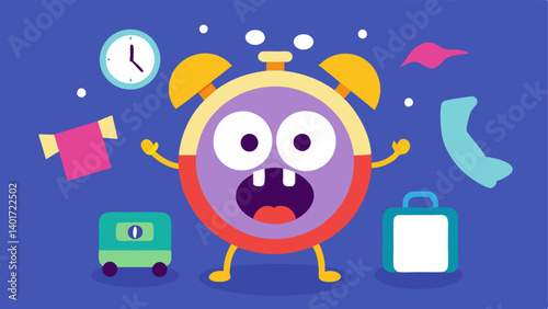 Surprised Shoppers A whimsical alarm clock with animated eyes wide open displaying 1200 AM. People in various sleepwear looking startled rush out from colorful beds to grab