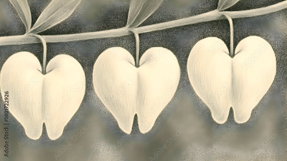 Fototapeta premium Three bleeding hearts hang from stem, nature background, botanical illustration, for print