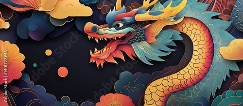 Asian Dragon Paper Art, Floral Background, Lunar New Year Design