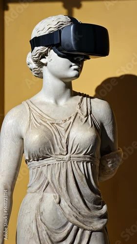 Ancient Greek statue with virtual reality headset explores modern technology, blending classic art and contemporary tech