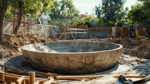 A large, unfinished concrete bowl-shaped basin is under construction in a landscaped area.