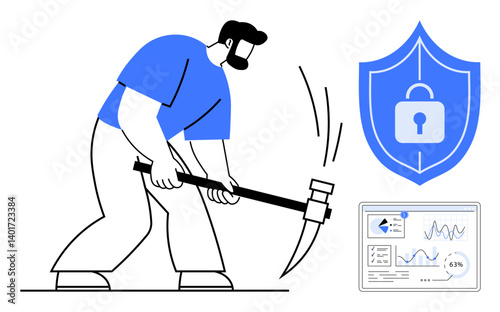 Man using pickaxe symbolizing data mining near shield with lock for security and a data chart screen. Ideal for cybersecurity, data privacy, mining, technology, analysis, digital safety, protection