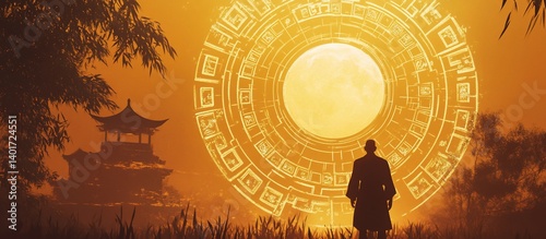 Monk facing mystical portal, moonlit temple backdrop, fantasy art