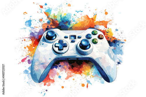 A game controller set against a vibrant splash paint background, crafted using stock technology