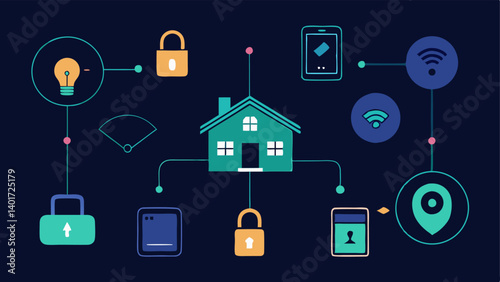 Integration with Smart Home An illustration of various smart home devices lights locks thermostat coming together with a central security system connected by glowing lines.