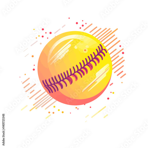 The Softball - Textured illustration depicts a stylized softball in flat or spot colors, utilizing four distinct colors as separate objects for simplified editing