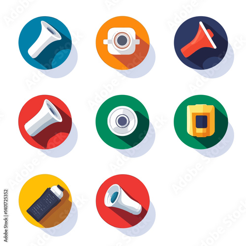 Flat white icons that are whistling on round colored backgrounds