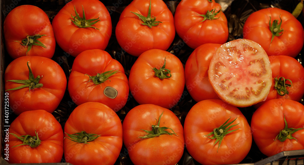 Fresh ripe red tomatoes with half a tomato showing inside at a market stall Fresh ripe red tomatoes with half a tomato showing inside at a market stall
