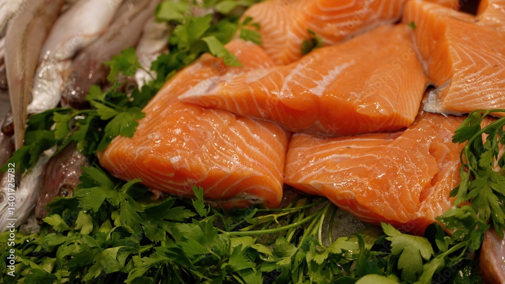 Fresh Salmon Fillets and Other Fish Lying on Bed of Parsley Fresh Salmon Fillets and Other Fish Lying on Bed of Parsley