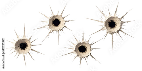 various bullet holes and drill holes isolated on transparent background