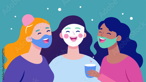Group SelfCare A fun illustration of friends having a girls night in all wearing exosomeinfused face masks while laughing and enjoying each others company.
