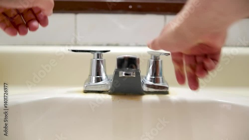 Water supply suspended, two hands trying to wash their hands using the metal faucet on a bathroom sink, a topic of hygiene and water consumption