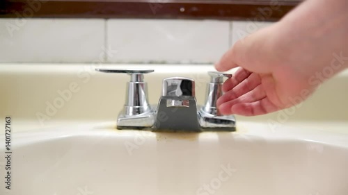 Hand uses the metal faucet on the bathroom sink, which has run out of water, water usage and lack of supply