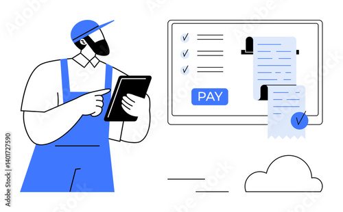 Worker in overalls using tablet monitor shows payment options, ticked boxes, and receipts. Ideal for online transactions, digital receipts, utility payments, invoicing, e-commerce, financial