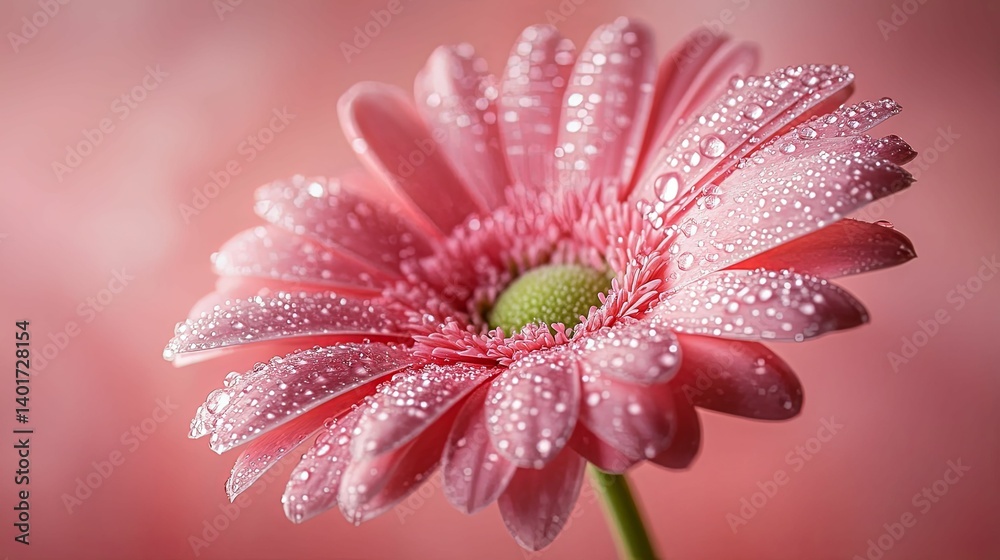 A close-up view of a delicate pink gerbera daisy covered in water droplets. A close-up view of a delicate pink gerbera daisy covered in water droplets.