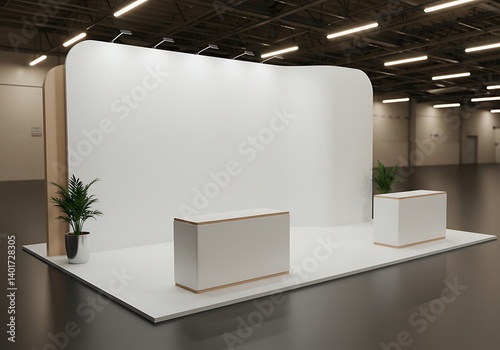 Blank Trade Show Booth with White Backdrop and Reception Desks