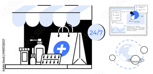 Pharmacy counter with medication, medical bag, and 247 availability symbol alongside digital analytics for global healthcare access. Ideal for e-commerce, healthcare, technology, global reach