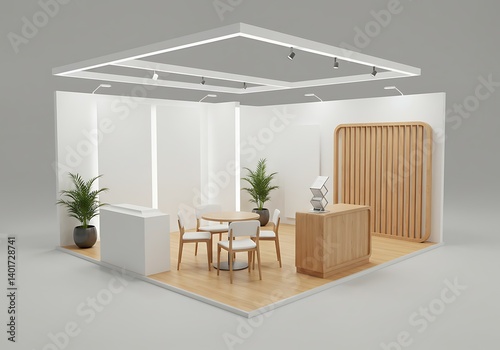 Modern Exhibition Stand Design with Seating Area and Display Unit