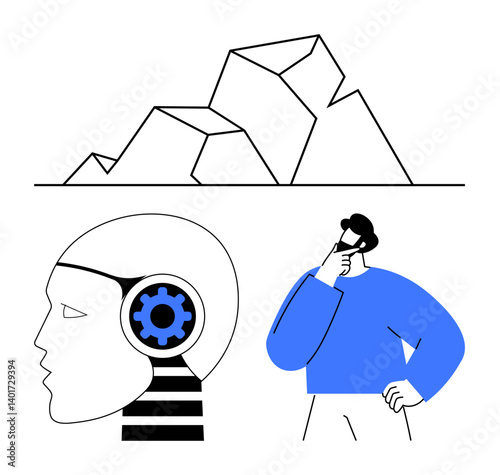 Person pondering next to a robotic head with a gear and geometric mountain shapes. Ideal for technology, problem-solving, AI, innovation, creativity, strategy, progress. Flat simple metaphor