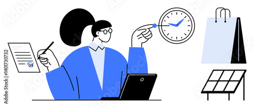 Businesswoman multitasking with laptop and clock, signing documents, and eco-conscious actions. Ideal for time management, productivity, organization, sustainability, e-commerce, renewable energy