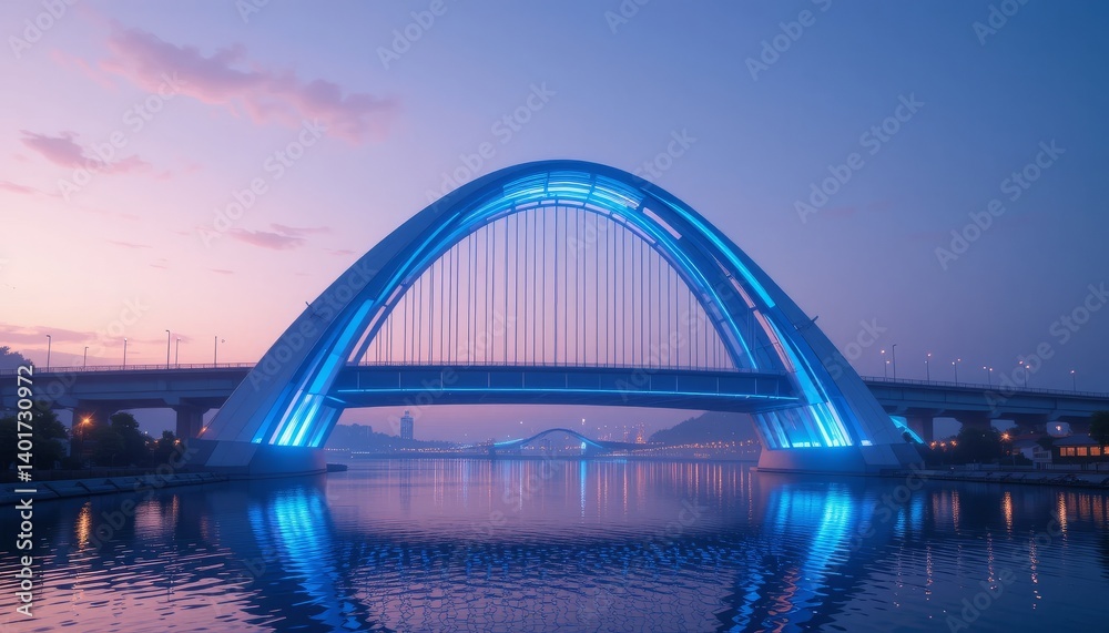 Fototapeta premium Futuristic Blue Illuminated Arch Bridge at Night