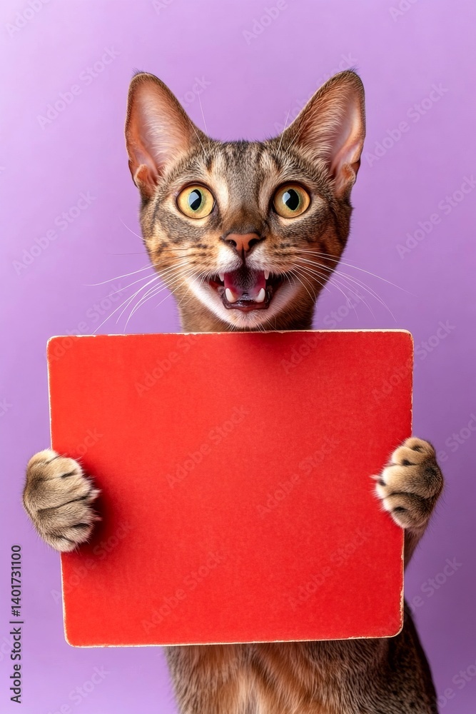 Obraz premium Mascot for ad mockup. Isolated cat on a solid apparel purple background. Ð¡ute adult cat oriental shorthair hold in front paws a layout - large red drive sign. Promo scene with pet.