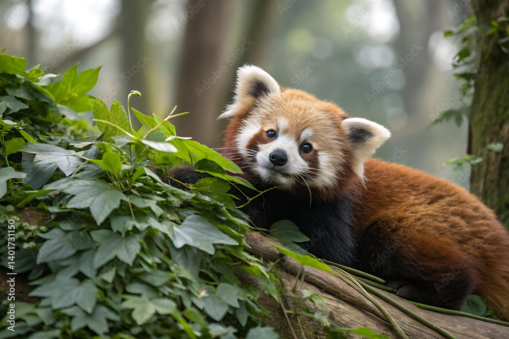 Fototapeta premium Red Panda Resting on Branch, Lush Green Foliage