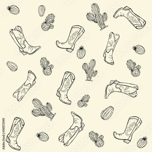 Pattern, cactuses and cowboy boots on a beige background