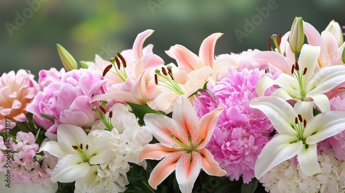 A collection of funeral flowers, including lilies and peonies, arranged in a solemn and dignified display for a memorial service.