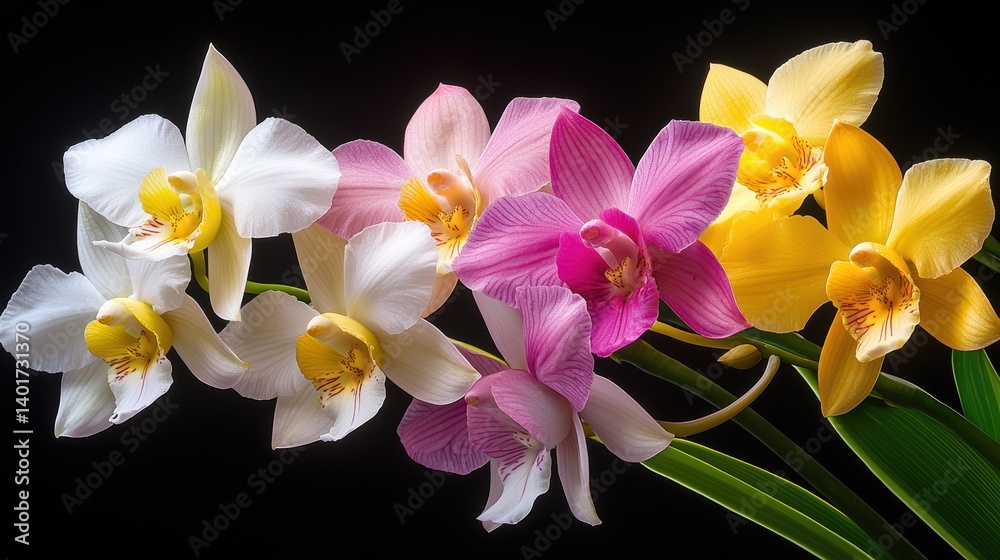 A collection of various orchids in full bloom, showing a range of colors including yellow, pink, and white, on a dark contrasting background. A collection of various orchids in full bloom, showing a range of colors including yellow, pink, and white, on a dark contrasting background.