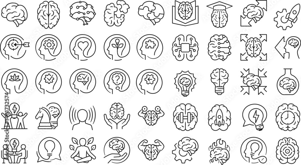 Brain icon set featuring head, thinking, mind, intelligence, brainstorming, neuron, cognition, etc. Brain icon set featuring head, thinking, mind, intelligence, brainstorming, neuron, cognition, etc.